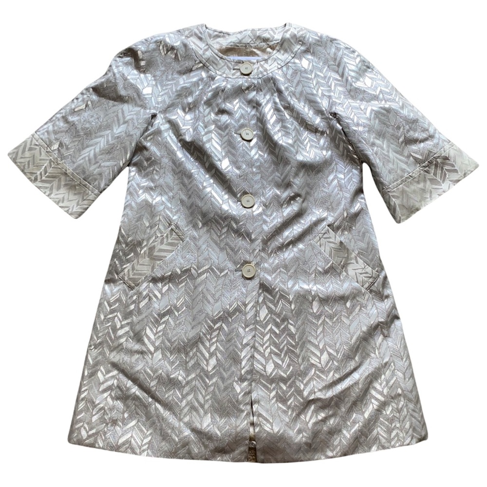 NWOT Trina Turk Silver Metallic Chevron Pattern Long Duster Jacket sz 10